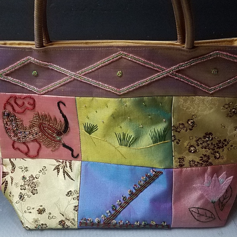 Silk Patchwork Handcrafted Bead Embroidery Handbag - image 1